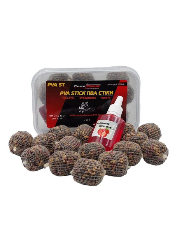 Готові PVA stick - стіки Полуниця "Strawberry" + ликвид 30 мл Carp Drive - Зображення 1