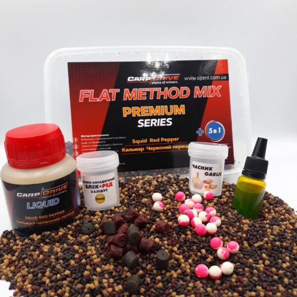 Carp Drive Флет метод мікс Squid Red Pepper преміум 5 в 1 пелетс 2 мм ліквід флюро діп поп ап 8 мм