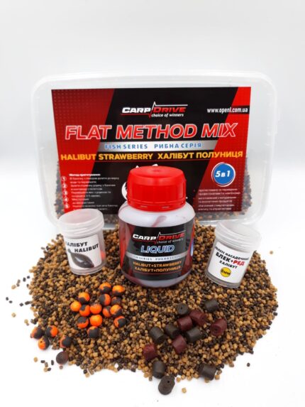 Флет метод Carp Drive мікс Halibut Strawberry 5 в 1 рибна серія халібут полуниця пелетс 2 мм
