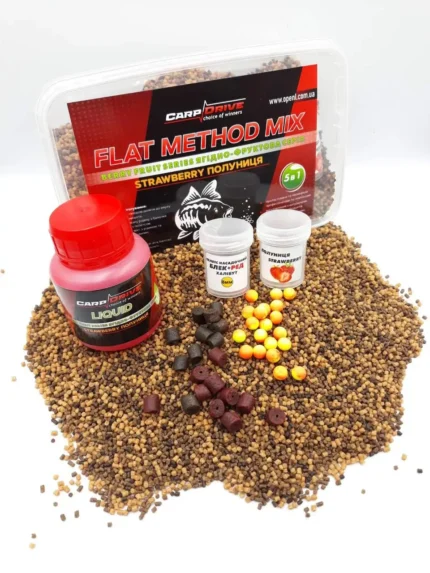Флет метод Carp Drive мікс Strawberry полуниця ягідно фруктова серія 5 в 1 флет фідер прикормка короп