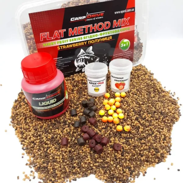 Флет метод Carp Drive мікс Strawberry полуниця ягідно фруктова серія 5 в 1 флет фідер прикормка короп