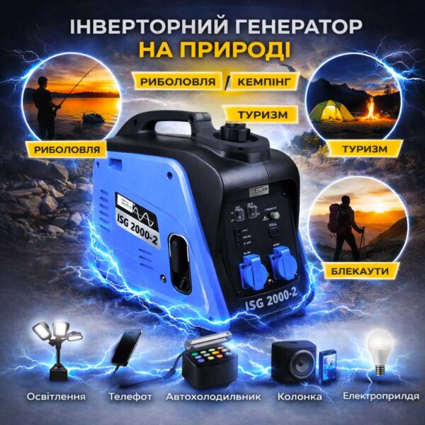 Інверторний портативний генератор GUDE ISG 2000-2 40720 19.9 кг 2.0 кВт бензиновий з чистою синусоїдою інфографіка