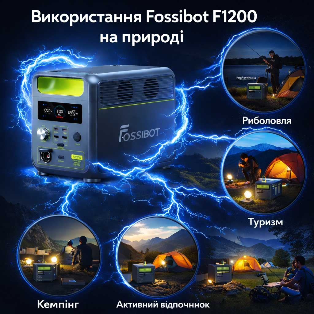 Портативна зарядна станція Fossibot F1200 джерело енергії 1200 Вт використання на риболовлі