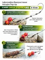 Застосування поп ап бойлів 8-10 мм Поп ап насадка 8-10 мм підходить для різних монтажів та технік ловлі. Ви можете використовувати її як самостійну насадку або комбінувати з іншими приманками. Самостійна насадка для делікатної презентації Комбінація з тонучими бойлами (snowman монтаж) Використання з пелетсом для підвищення ефективності Технічні характеристики Carp Drive Fishka N5 Pop-Up Тип Поп ап бойли для риболовлі Діаметр 8 мм та 10 мм Аромат Шовковиця Колір Помаранчево-рожевий (контрастний, смугастий) Вага 35 г Кількість ~105 шт (8 мм + 10 мм) Пакування Пластикова баночка Ефективність поп апів Carp Drive у риболовлі Поп ап бойли Carp Drive Fishka N5 створені для досягнення максимального результату. Завдяки поєднанню кольору, аромату та смаку, вони впливають одразу на кілька органів чуття риби, провокуючи її на клювання навіть у складних погодних умовах. Якщо ви шукаєте поп ап для коропа, який реально працює — ця модель стане вашим надійним інструментом для стабільного улову. Купити поп ап бойли Carp Drive Fishka N5 8-10 мм Обирайте якісні поп ап бойли для риболовлі та отримуйте максимальний результат на кожній рибалці. Carp Drive Fishka N5 — це поєднання інновацій, перевіреної ефективності та доступної ціни. інфографіка