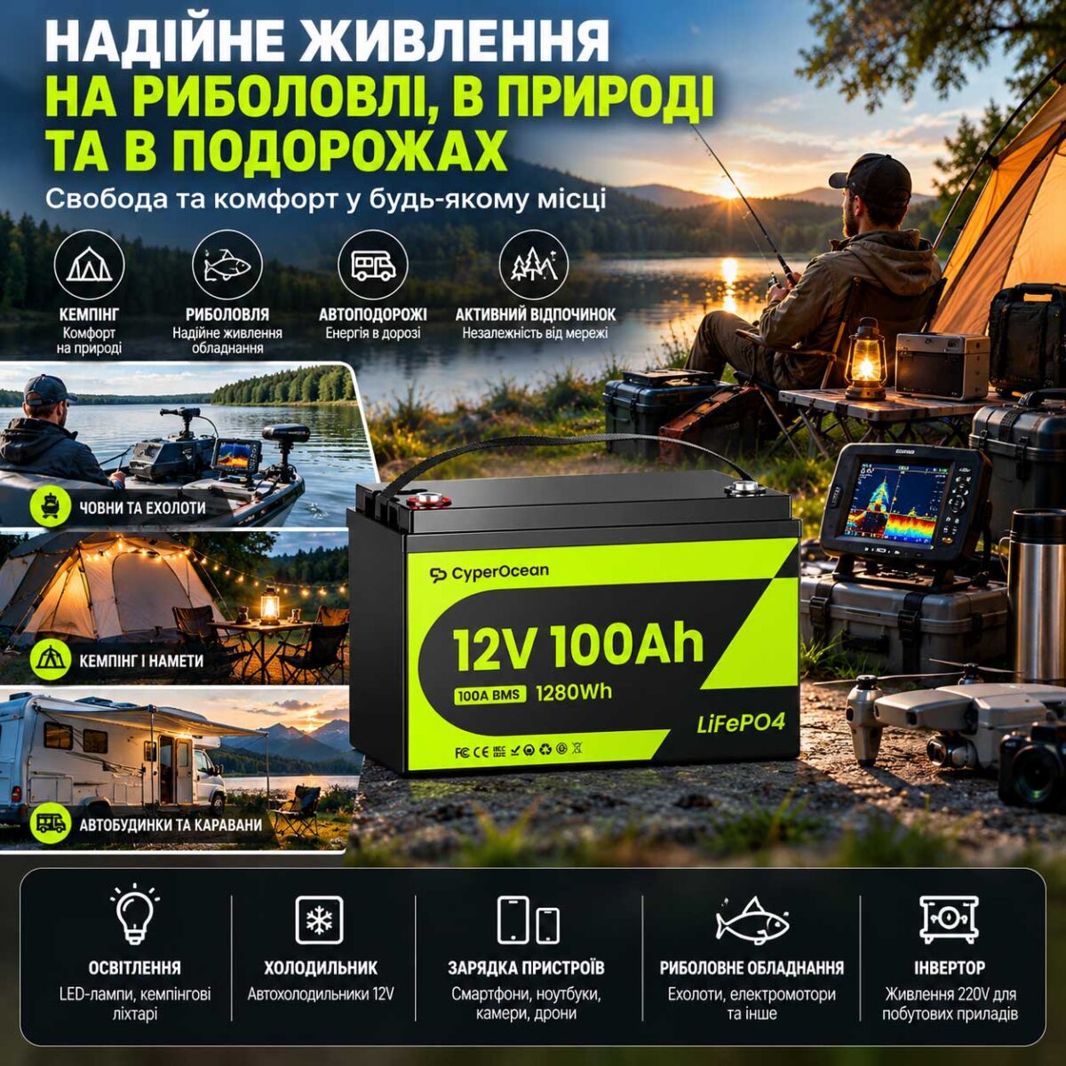 Акумулятор LiFePO4 CyperOcean 12.8В 100А·год із BMS 100А (CO12V100AH100)